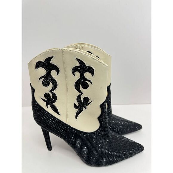 INC Cowboy‎ Boots Size 9.5 Black Cream Embellished Western High Heel Booties - Picture 2 of 11